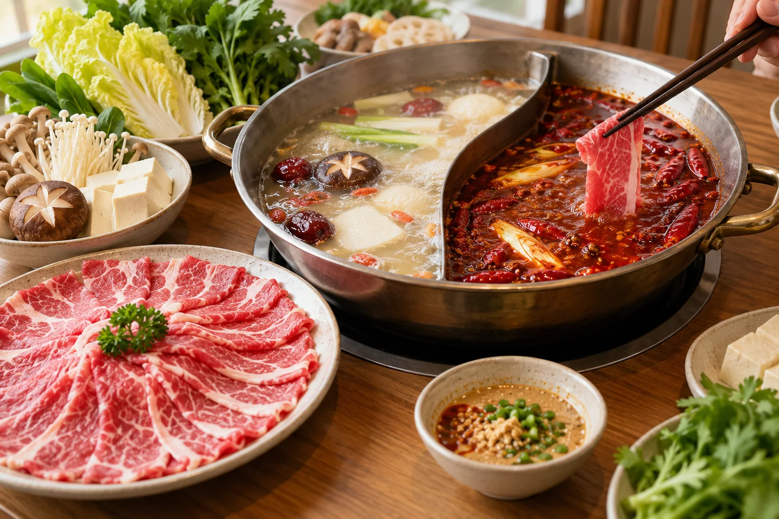 鸳鸯火锅旁摆放肉片、蔬菜与蘸料