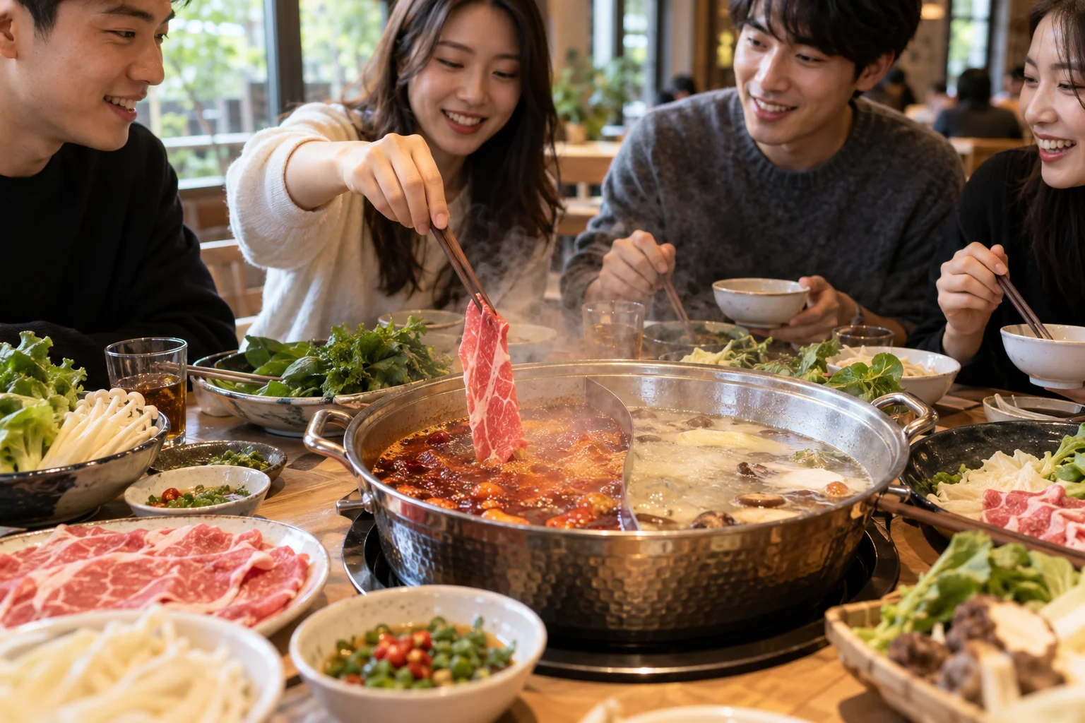 食客围桌将食材放入沸腾的鸳鸯火锅