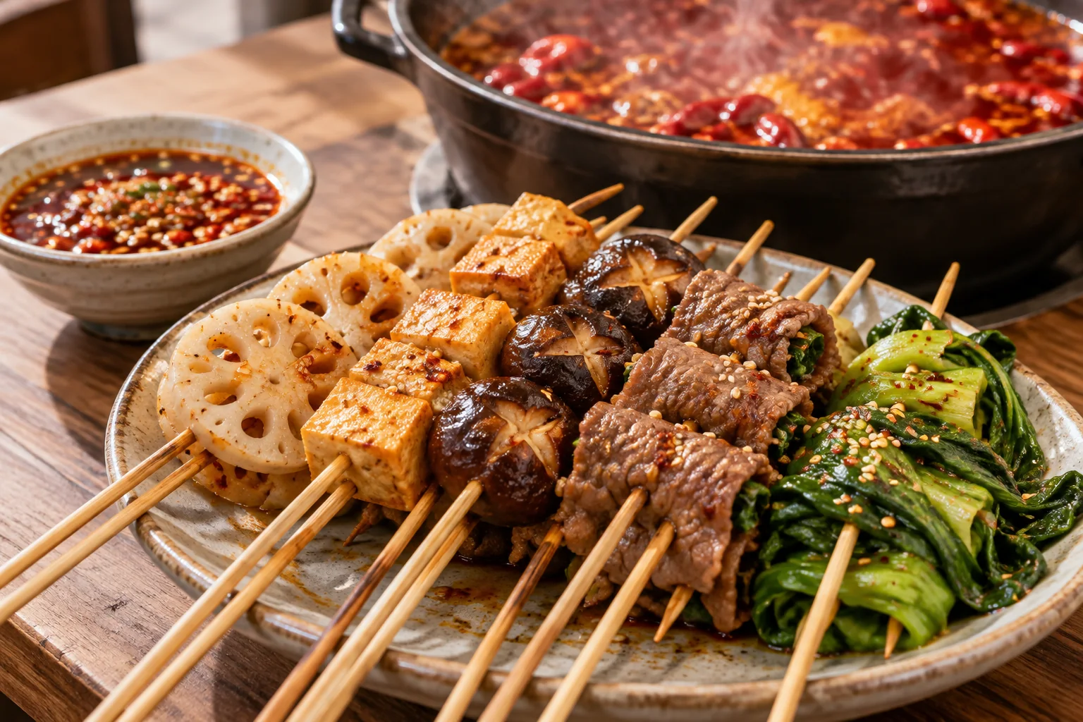 莲藕、豆腐、牛肉等串串与蘸料