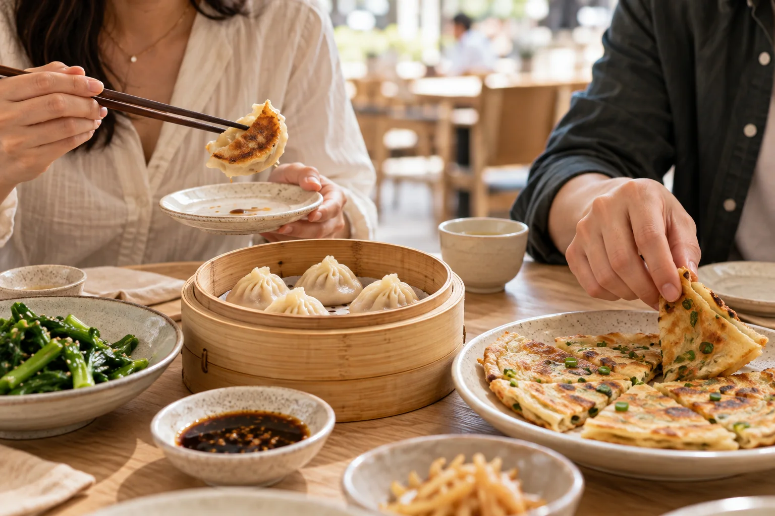 食客分享煎饺与葱油饼等小吃