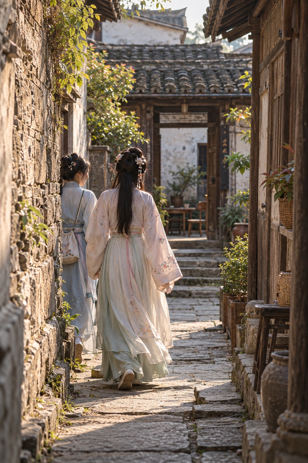两位古装友人走向院落