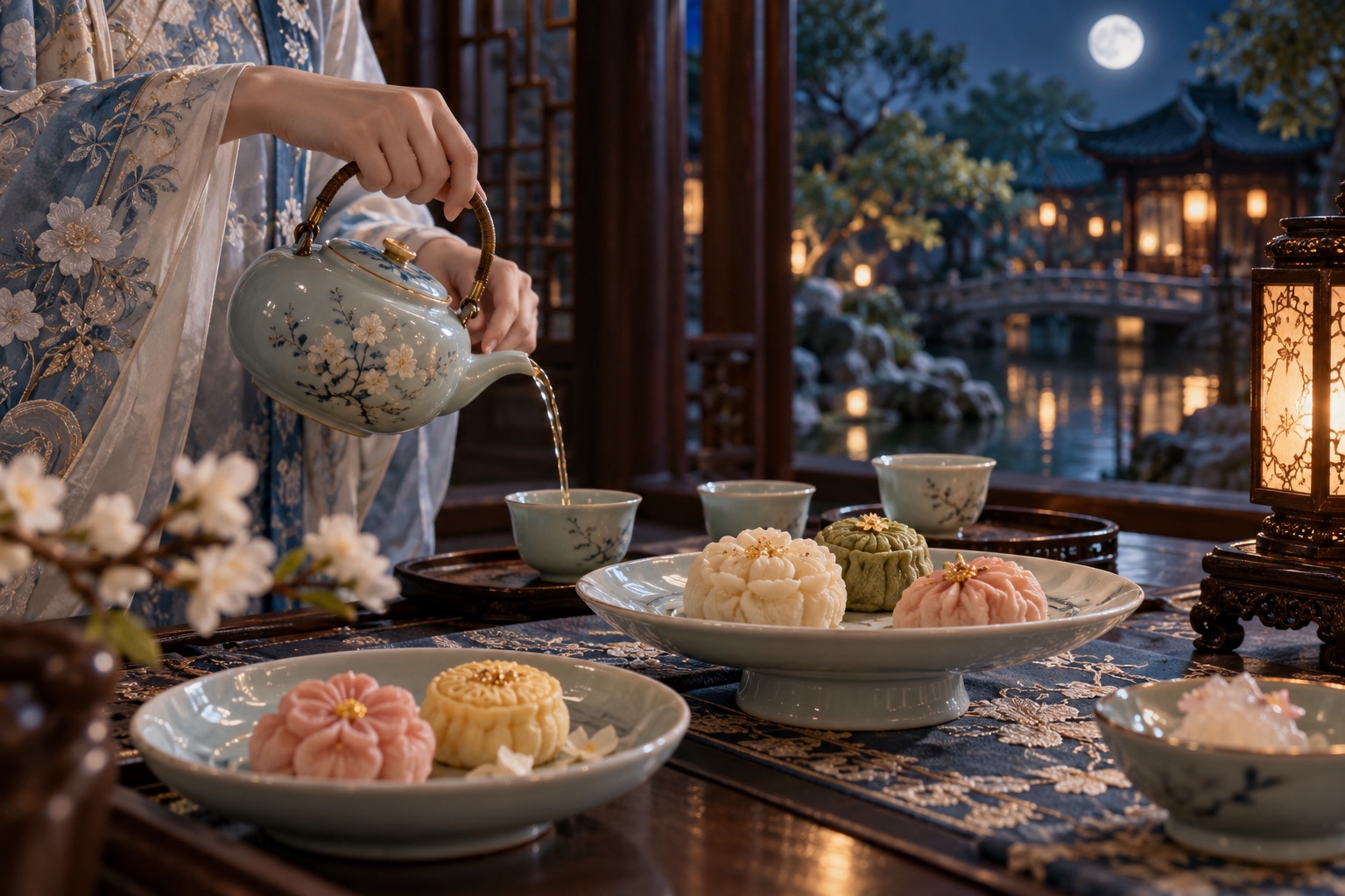 明月楼茶器与糕点特写